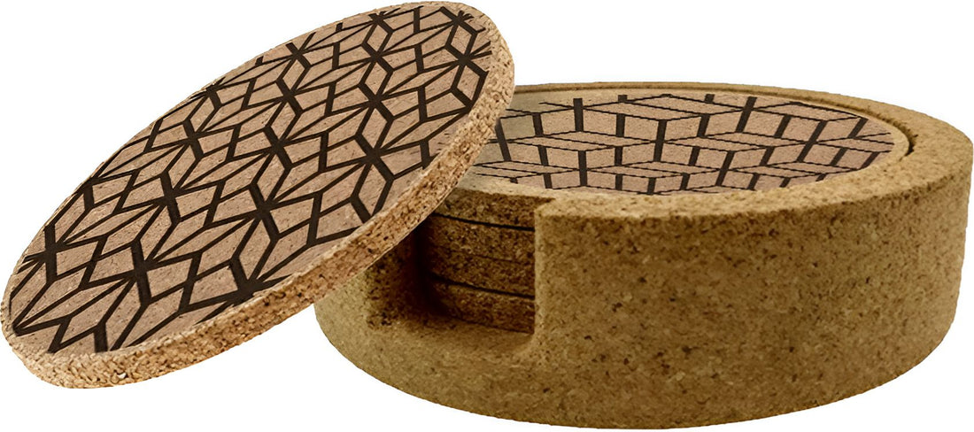 Cuisivin - Corky Round Geometric Print Coaster With Holder, Pack of 4 - 4630GEO