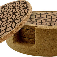 Cuisivin - Corky Round Geometric Print Coaster With Holder, Pack of 4 - 4630GEO