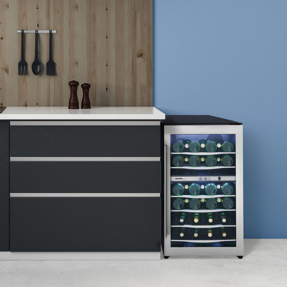 Danby - 38 Bottle Free-Standing Stainless Steel Door & Black Wood Shelves Wine Cooler - DWC040A3BSSDD