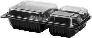 Dart - 11.5" x 8" MPS Plastic Black/Clear Hinged Lid 3-Compartment Dinner Box, 100/Cs - 919019-PM94
