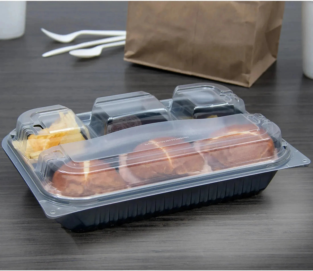 Dart - 11.5" x 8" MPS Plastic Black/Clear Hinged Lid 4-Compartment Dinner Box, 100/Cs - 919020-PM94