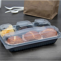 Dart - 11.5" x 8" MPS Plastic Black/Clear Hinged Lid 4-Compartment Dinner Box, 100/Cs - 919020-PM94