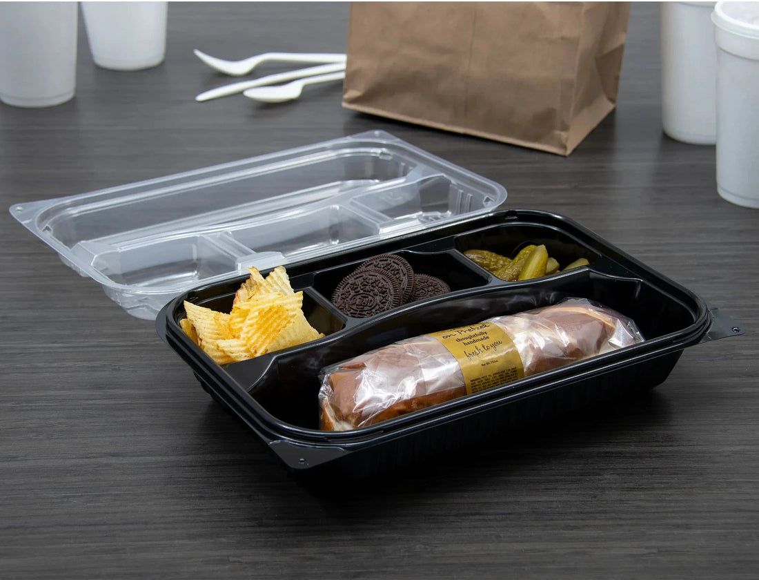Dart - 11.5" x 8" MPS Plastic Black/Clear Hinged Lid 4-Compartment Dinner Box, 100/Cs - 919020-PM94