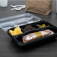 Dart - 11.5" x 8" MPS Plastic Black/Clear Hinged Lid 4-Compartment Dinner Box, 100/Cs - 919020-PM94