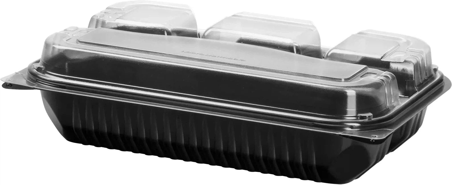 Dart - 11.5" x 8" MPS Plastic Black/Clear Hinged Lid 4-Compartment Dinner Box, 100/Cs - 919020-PM94