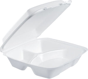Dart - 9", 9.4" x 9" x 3" Insulated White 3 Compartment Foam Hinged Container, 200 Per Case - 90HT3R