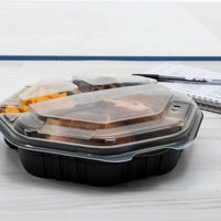 Dart - 9" PP Plastic Clear/Black Hinged 3-Compartment Octagon Container, 100/Cs - 864036-PM94