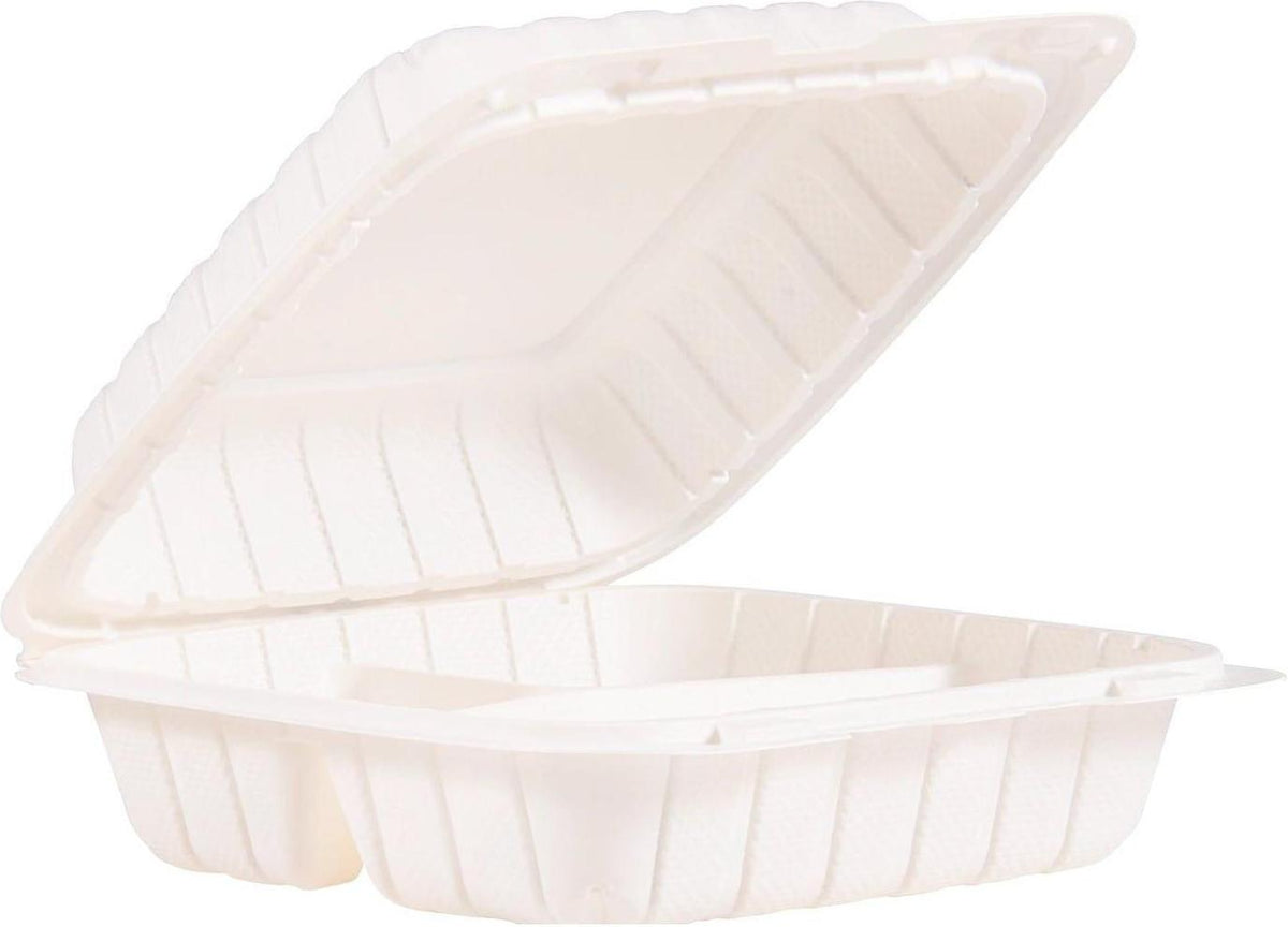 Dart Container - 8.5" Polypropylene White 3 Compartment Hinged Container, 150/Cs - 85MFPPHT3R