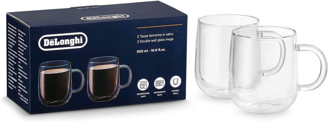 DeLonghi - 500 ml Double Wall Glass Glasses, Pack of 2 - DLSC327