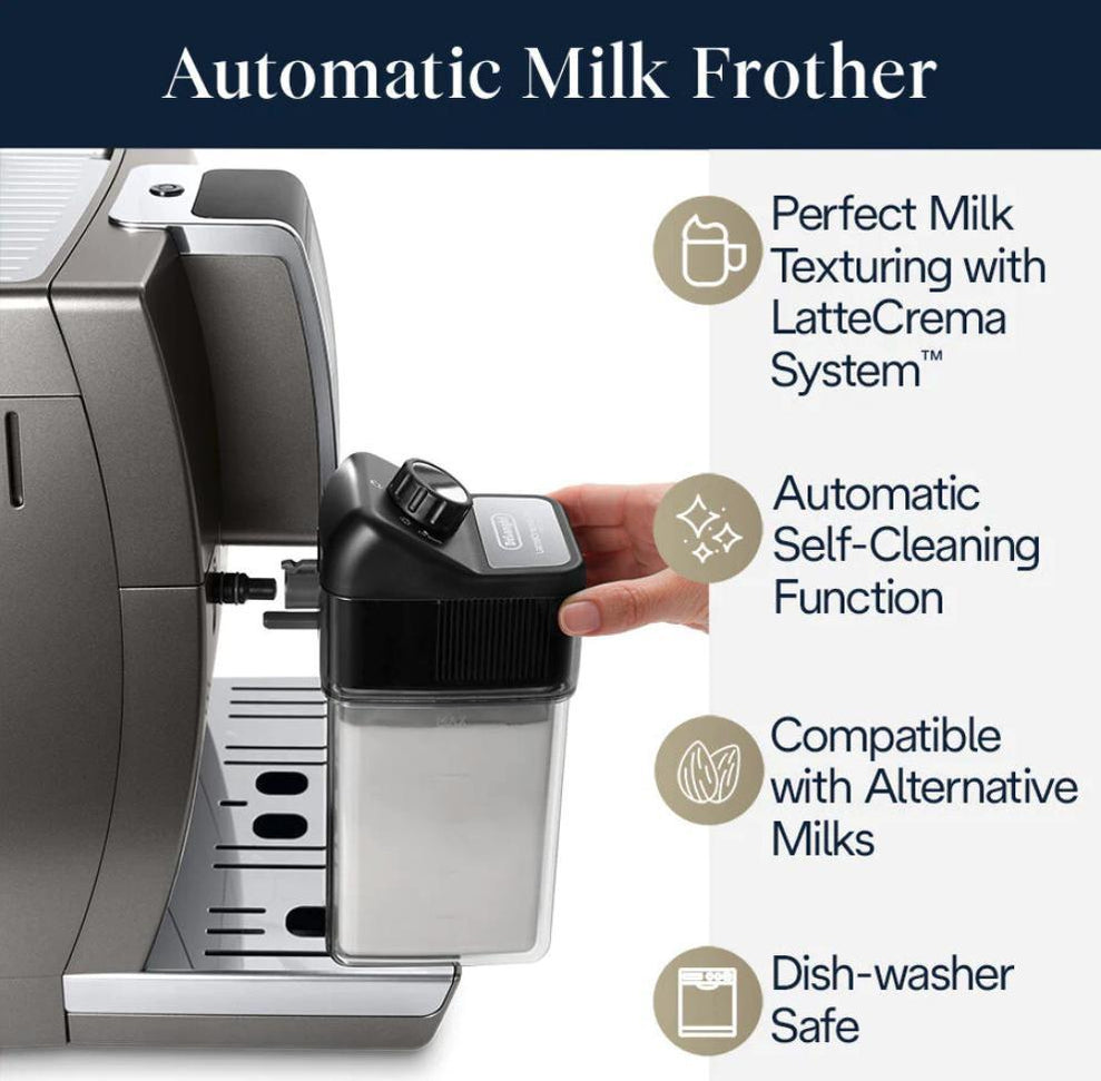 DeLonghi - Dinamica Plus Connected Smart Coffee & Espresso Machine with Coffee Connectivity App + Automatic Milk Frother, Titanium - ECAM37095TI - DISCONTINUED