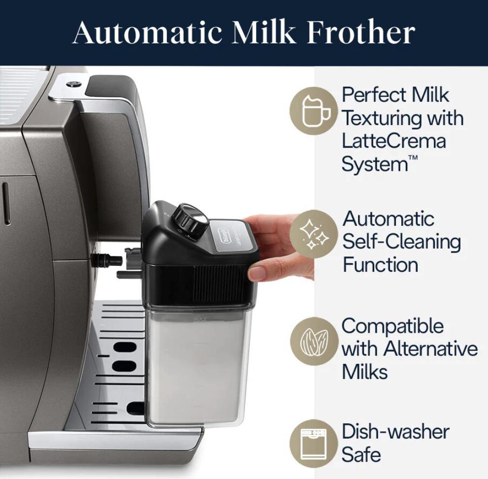 DeLonghi - Dinamica Plus Connected Smart Coffee & Espresso Machine with Coffee Connectivity App + Automatic Milk Frother, Titanium - ECAM37095TI - DISCONTINUED