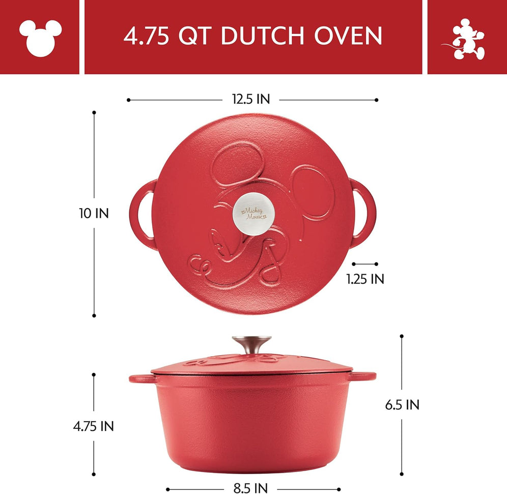 Disney Bake with Mickey - Farberware Disney Bon Voyage 4.75 Qt Red Pre-Seasoned Cast Iron Dutch Oven/Casserole Pan with Lid - 49052-C