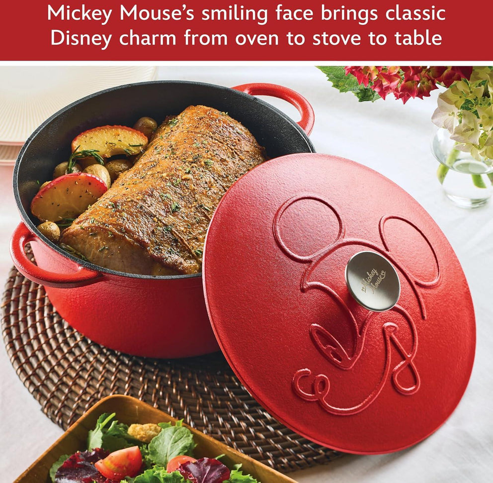 Disney Bake with Mickey - Farberware Disney Bon Voyage 4.75 Qt Red Pre-Seasoned Cast Iron Dutch Oven/Casserole Pan with Lid - 49052-C