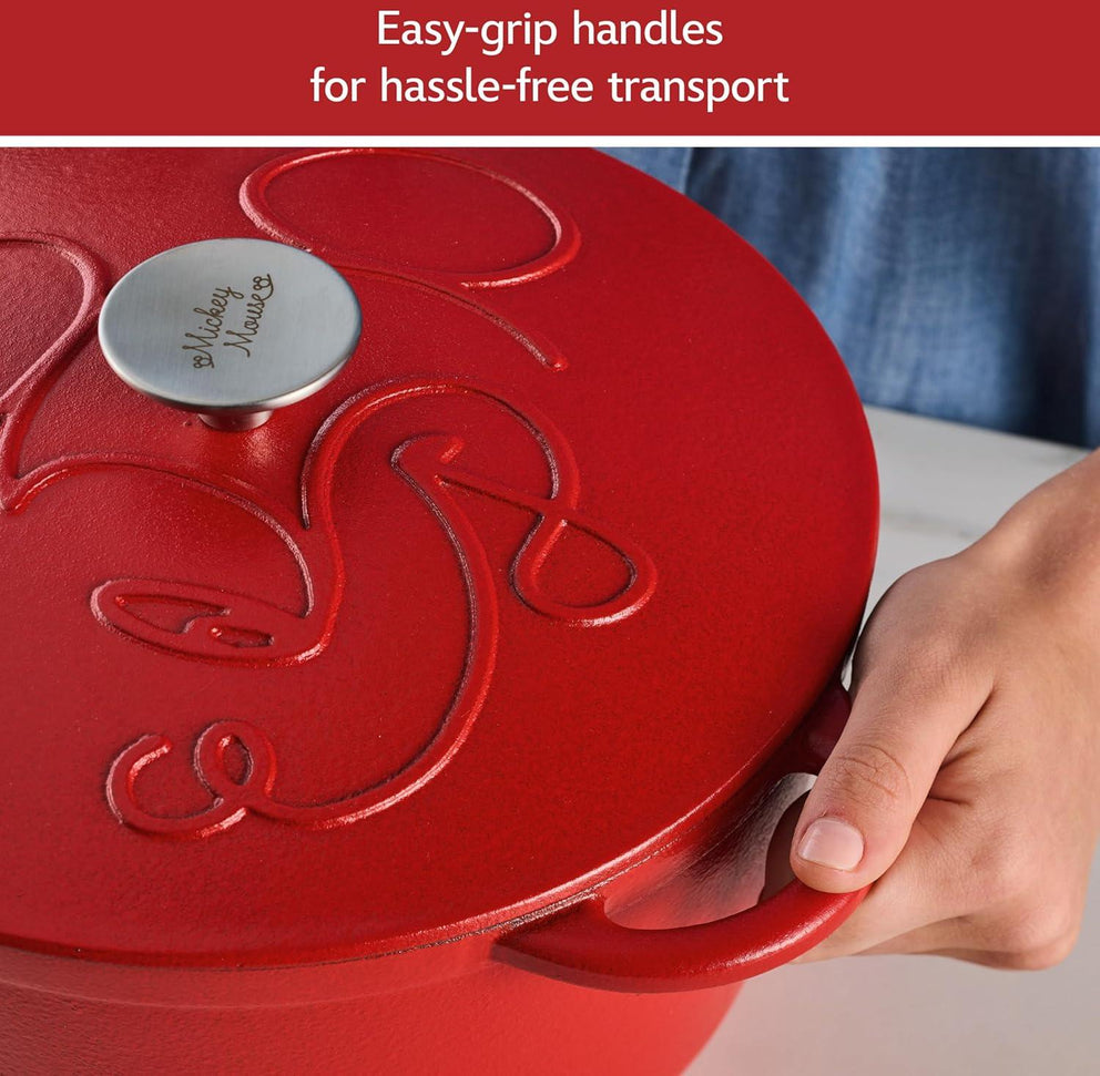 Disney Bake with Mickey - Farberware Disney Bon Voyage 4.75 Qt Red Pre-Seasoned Cast Iron Dutch Oven/Casserole Pan with Lid - 49052-C