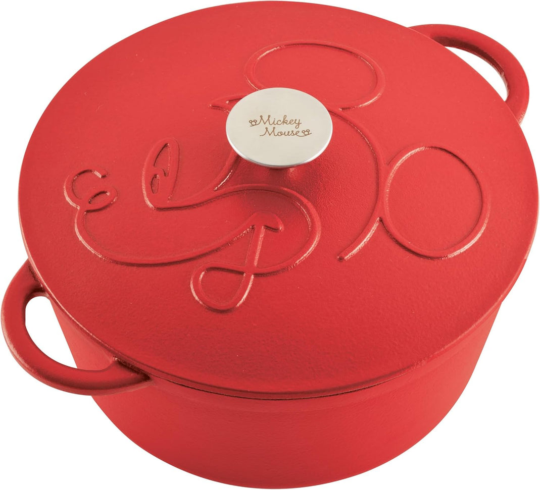 Disney Bake with Mickey - Farberware Disney Bon Voyage 4.75 Qt Red Pre-Seasoned Cast Iron Dutch Oven/Casserole Pan with Lid - 49052-C