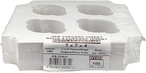 EB Box - 7" x 7 " x 4" White 4 Cupcake Insert, 100/Cs - 1-3288 (Special Order Item)