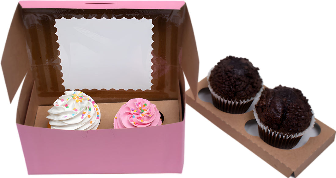 EB Box - 8" x 4 " x 4" Pink 2 Cupcake Box with Window and 2 Slot Insert, 100/cs - EB5280B (Special Order Item)