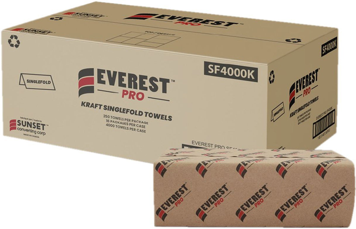 Everest Pro - 250 Sheet Singlefold Kraft Hand Towel, 4000/Cs - SF4000K