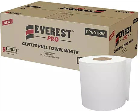 Everest Pro - 7.65" x 500' 1 Ply Center Pull White Paper Hand Towel Roll, 6Rl/Cs - CP601RW