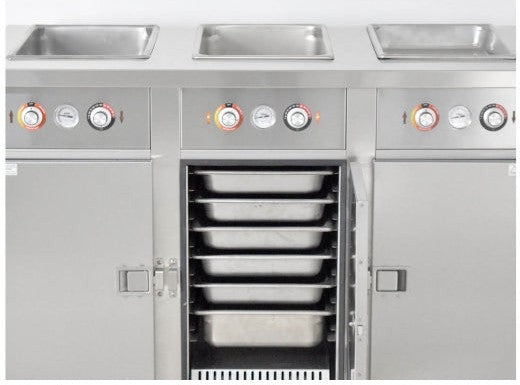 FWE - 220-240V 51" Handy Line Serving Cabinet with 3 Wells - HLC-3W6-7H-21-DRN (Special Order 4-6 weeks)