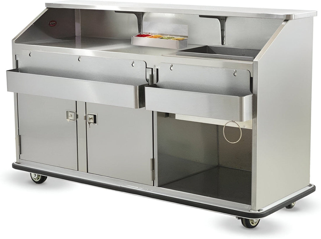 FWE - 59.5" Stainless Steel Convectional Beverage Service Mobile Bar with Shut-Off Drain - SCB-5 (Special Order 4-6 weeks)