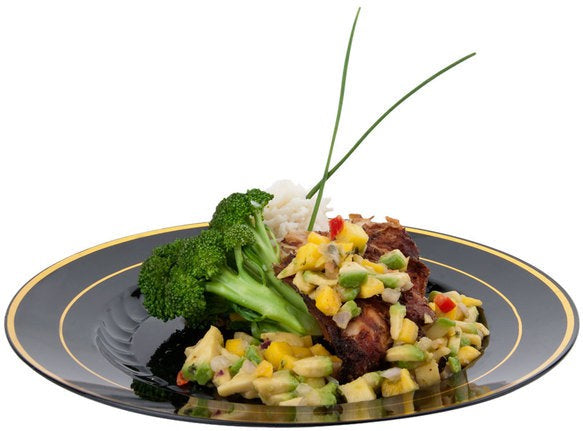 Fineline Settings - 10" Black/Gold Plastic Plate, 12/Pk, 10 Pk/Cs - 510-BKG