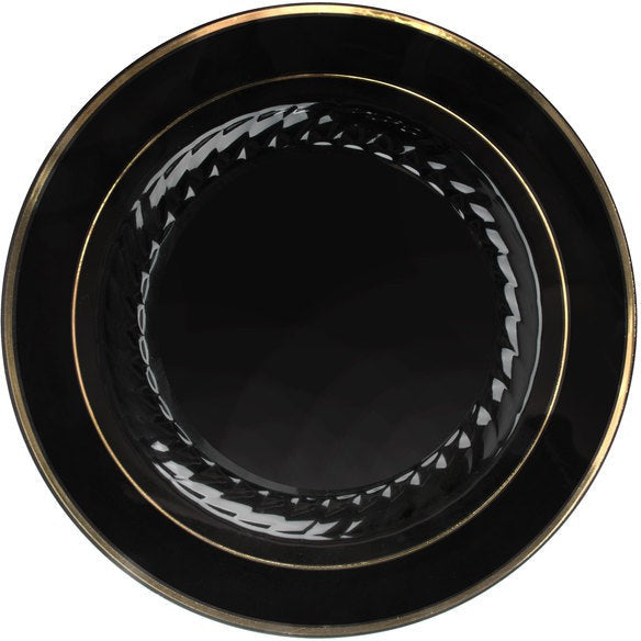 Fineline Settings - 10" Black/Gold Plastic Plate, 12/Pk, 10 Pk/Cs - 510-BKG