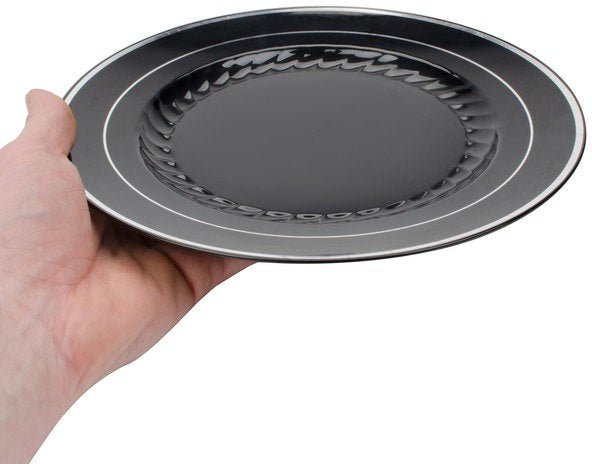 Fineline Settings - 10" Black/Silver Plastic Plate, 12/Pk, 10 Pk/Cs - 510-BKS