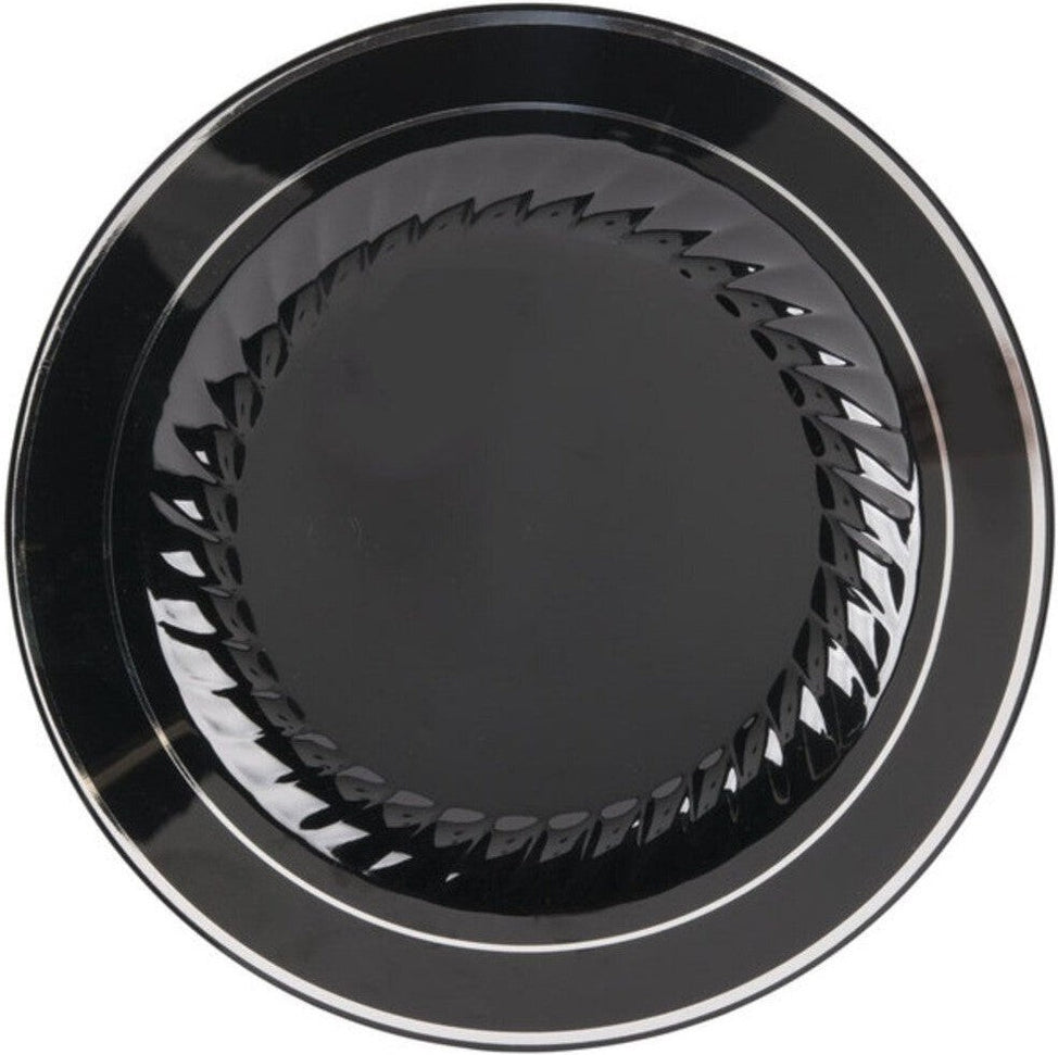 Fineline Settings - 10" Black/Silver Plastic Plate, 12/Pk, 10 Pk/Cs - 510-BKS
