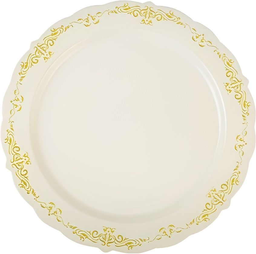 Fineline Settings - 10" Bone Plastic Plate With Gold Trim, 12/Pk, 10 Pk/Cs - 5910