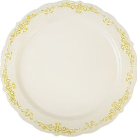 Fineline Settings - 10" Bone Plastic Plate With Gold Trim, 12/Pk, 10 Pk/Cs - 5910