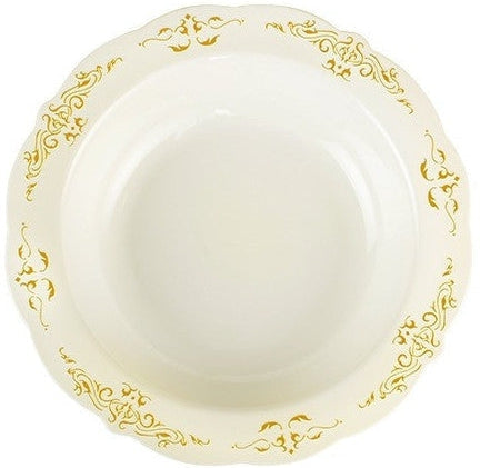 Fineline Settings - 10 Oz Bone Plastic Bowl With Gold Trim, 10 Pack - 5901