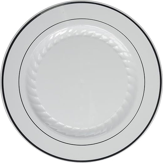 Fineline Settings - 10" White Plastic Round Plate With Silver Bands, 120/cs - 510WH