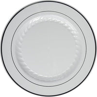 Fineline Settings - 10" White Plastic Round Plate With Silver Bands, 120/cs - 510WH