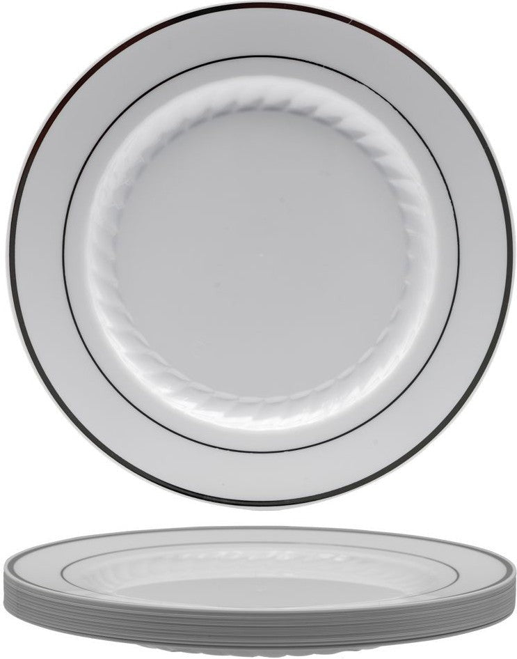 Fineline Settings - 10" White Plastic Round Plate With Silver Bands, 120/cs - 510WH
