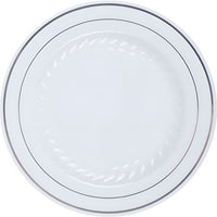 Fineline Settings - 7" White Plastic Round Plate With Silver Bands, Pack of 15 - 507WH