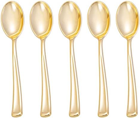 Fineline Settings - 9" Heavy Weight Plastic Serving Spoon Gold Look, 5/Bg, 12 Bgs/Cs - 768