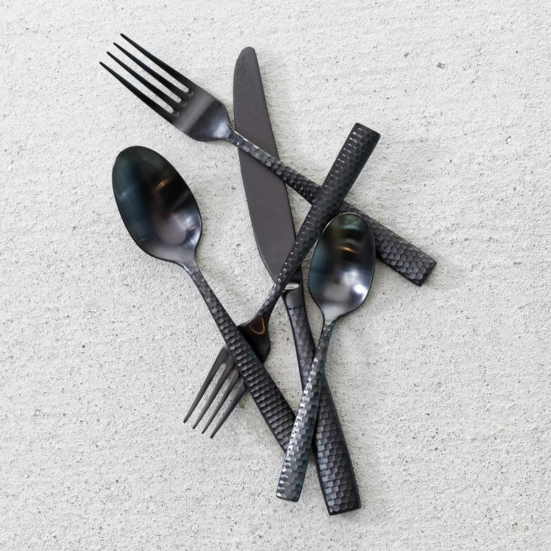 Fortessa - Lucca 20 Pc Faceted Brushed Black Flatware Set - 5PPS-102FC6B-20