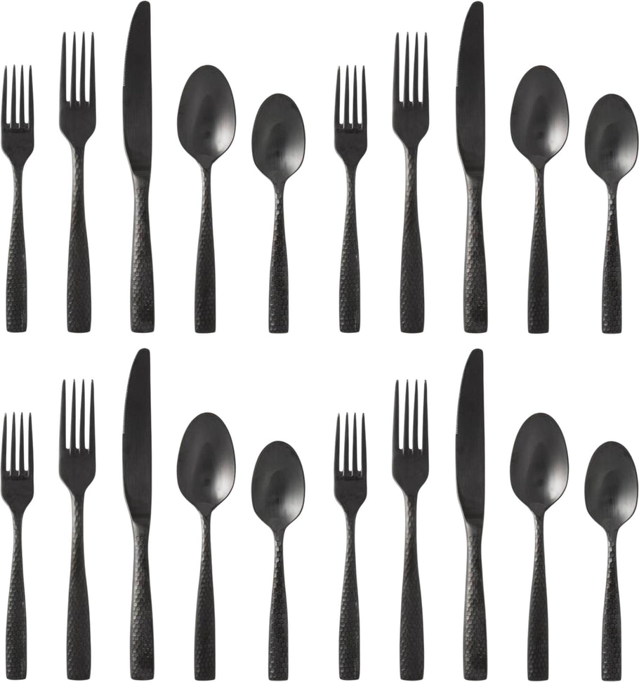 Fortessa - Lucca 20 Pc Faceted Brushed Black Flatware Set - 5PPS-102FC6B-20