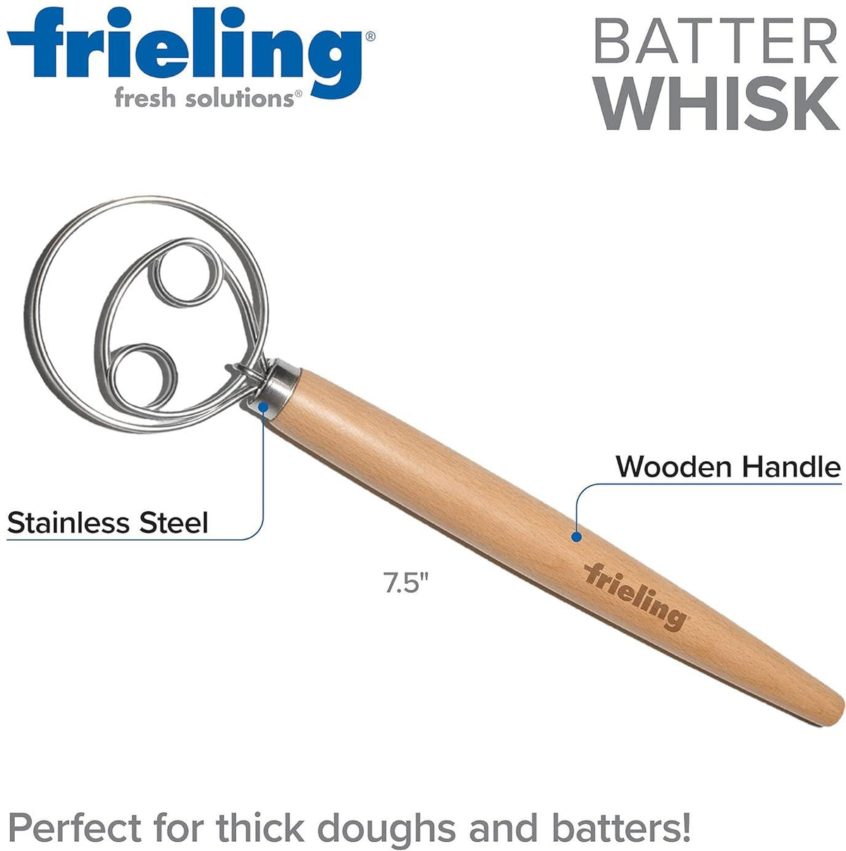 Frieling - 13" Natural Wood and Stainless Batter Whisk for Mixing Dough - 3025