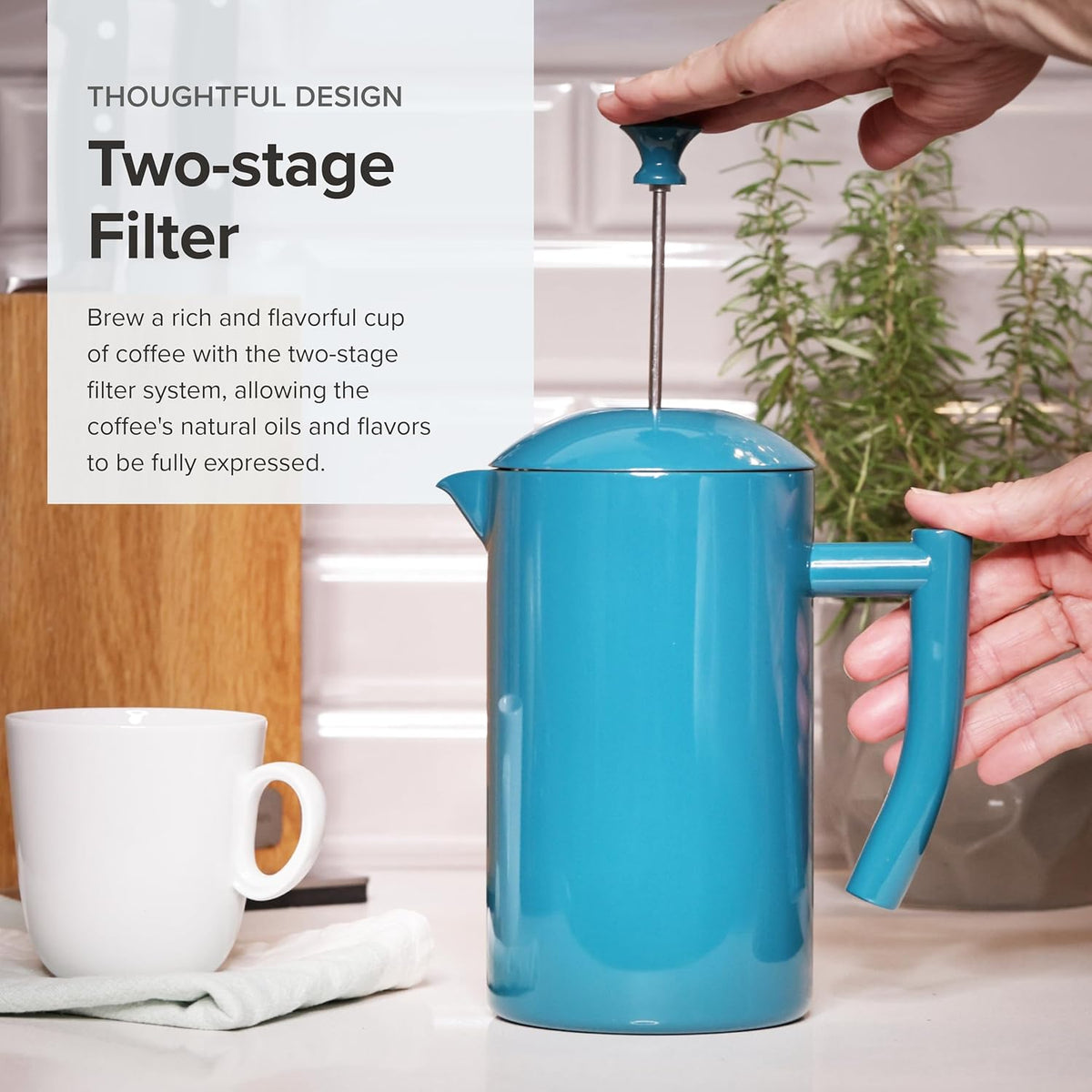 Frieling - 34 Oz Lagoon Blue Double-Walled Stainless-Steel French Press Coffee Maker - 7004