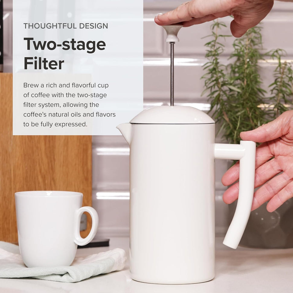 Frieling - 34 Oz Snow White Double-Walled Stainless-Steel French Press Coffee Maker - 7001