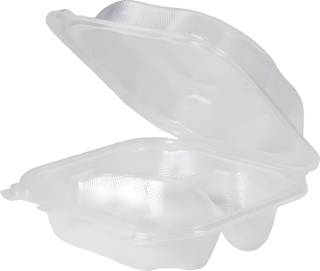 Genpak - 7.5" x 7.5" x 2.88" Clear Medium 3 Compartment Plastic Hinged Container, 150/Cs - CLX243-CL