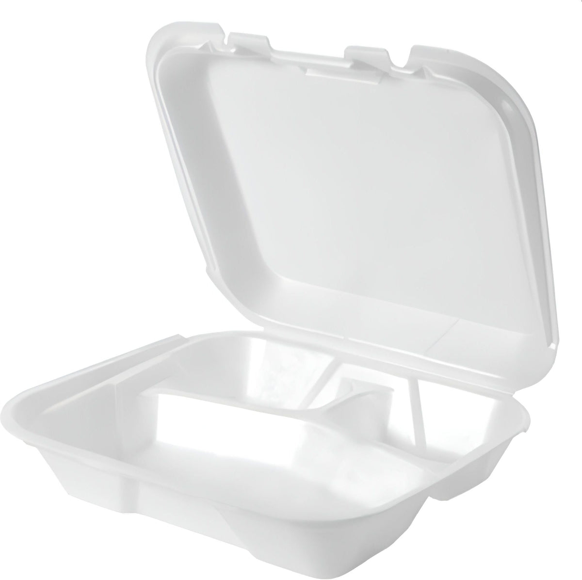 Genpak - 8.44" X 7.63" X 2.38" White Small 3 Compartment Foam Hinged Container, 200/Case - SN223
