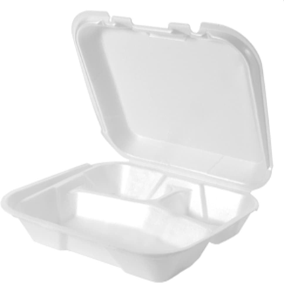 Genpak - 8.44" X 7.63" X 2.38" White Small 3 Compartment Foam Hinged Container, 200/Case - SN223