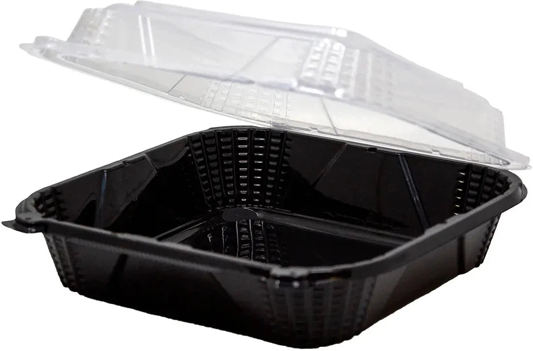 Genpak - 9" x 9" Black Base with Clear Lid Plastic Hinged Square Container, Pack of 150 - PV200