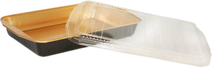 HFA - 7 lb Rectangular Black and Gold Entree Entrée Foil Pan with Clear Dome Lid, 25/Cs - 4204-80-25WLDL