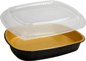 HFA - 72 Oz Large Aluminum Gold & Black Entree Container with Clear Dome Lid, 50/Cs - 4203-70-50WDL