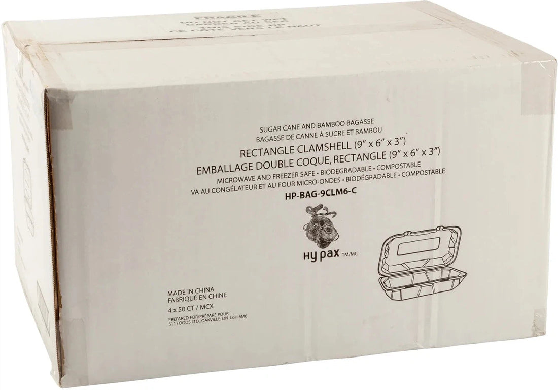 Hy-Pax - 9" X 6" 3" Bagasse Hinged Container, 200/Cs - HP-BAG-9CLM6-C