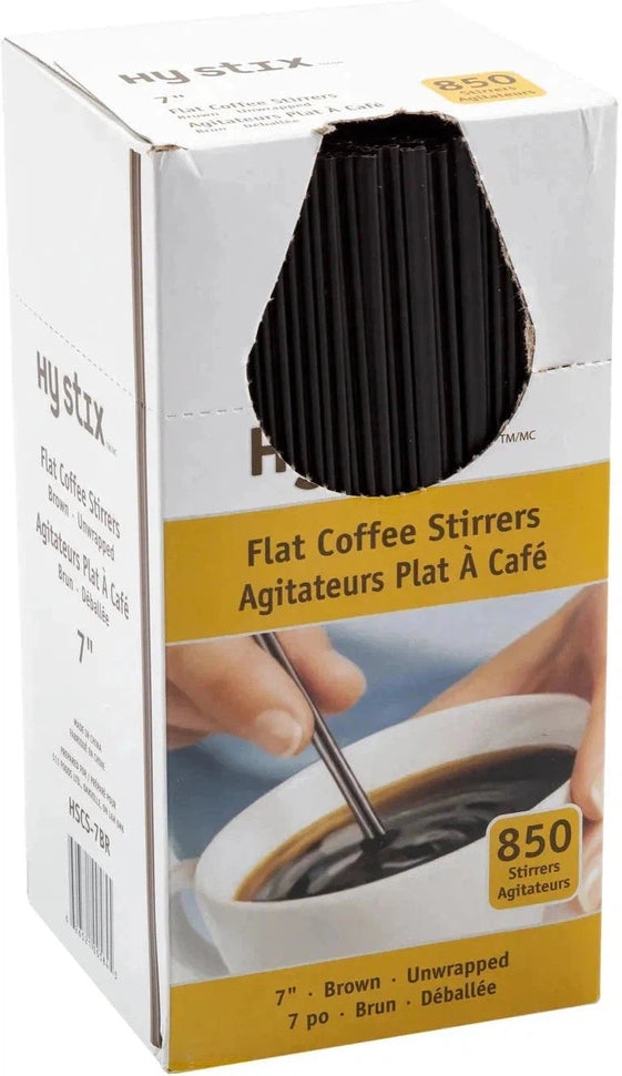 Hy-Stix - 7" Plastic Brown Flat Coffee Stirrer, 850/Box - HSCS-7BR